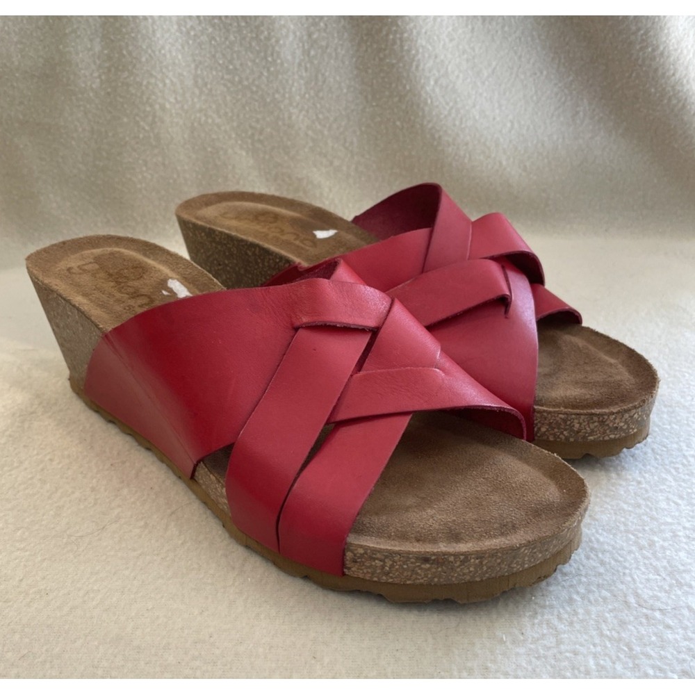 YOKONO RED LEATHER STRAPPY SLIDES SLIP ONS CORK WEDGE SANDALS SHOES WOMENS SZ 9